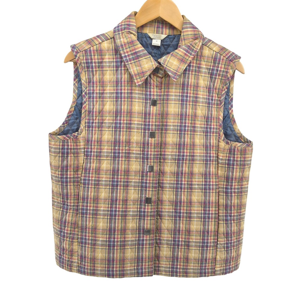 Christopher Banks Plaid Quilted Vest Sz M Snap Front Yellow Heritage Preppy